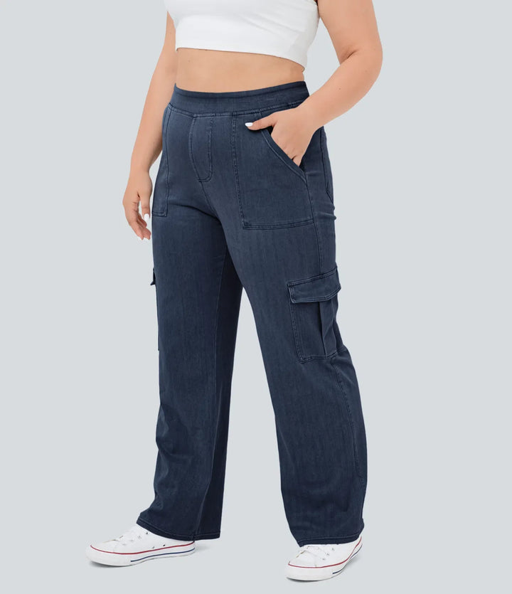 Lyckera Flex medelhög midja fickor raka ben plusstorlek vardaglig cargo jeans