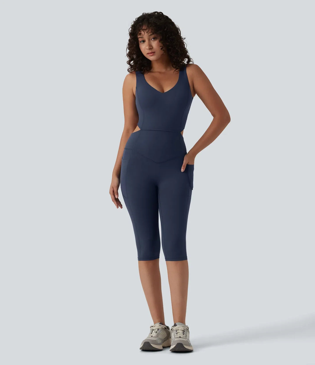 Lyckera UltraSculpt V-ringad magkontroll rumplyftande träning jumpsuit med fickor-Easy Peezy Edition