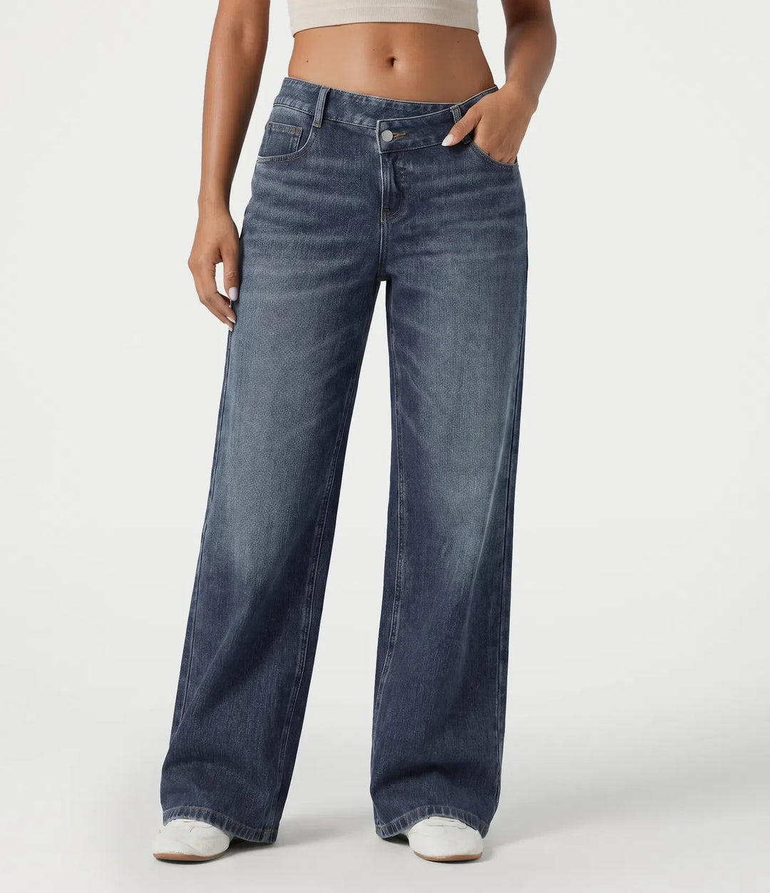 Lyckera Flex asymmetrisk låg midja baggy tvättad vardagsjeans med fickor