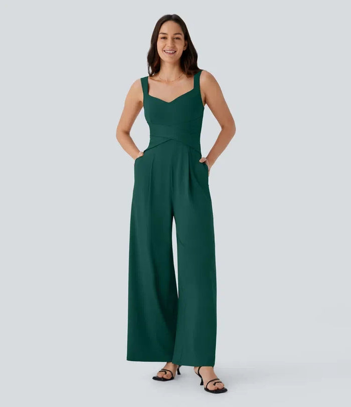 U-formad rygg ärmlös jumpsuit för vardag med fickor