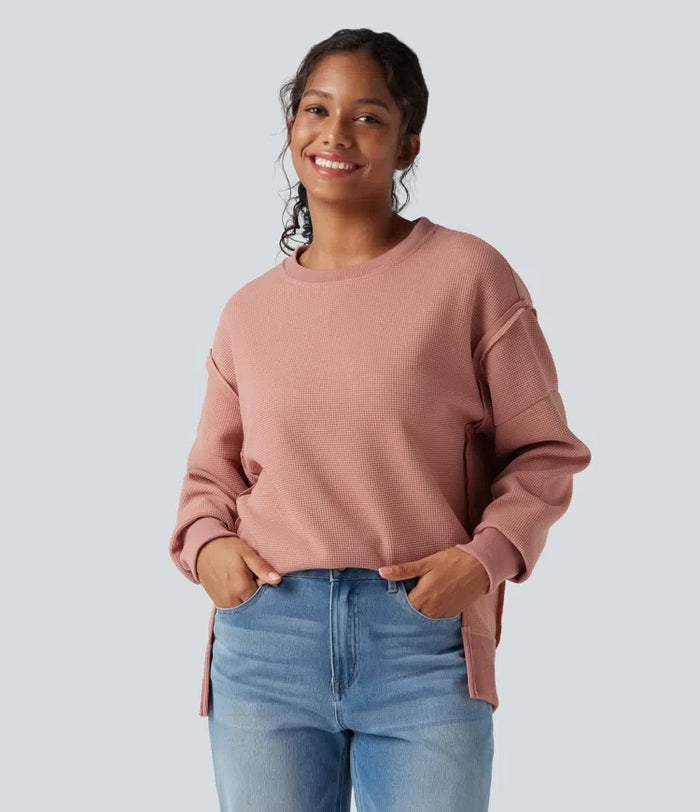 Rund hals långärmad slits fåll våffelstruktur vardaglig sweatshirt