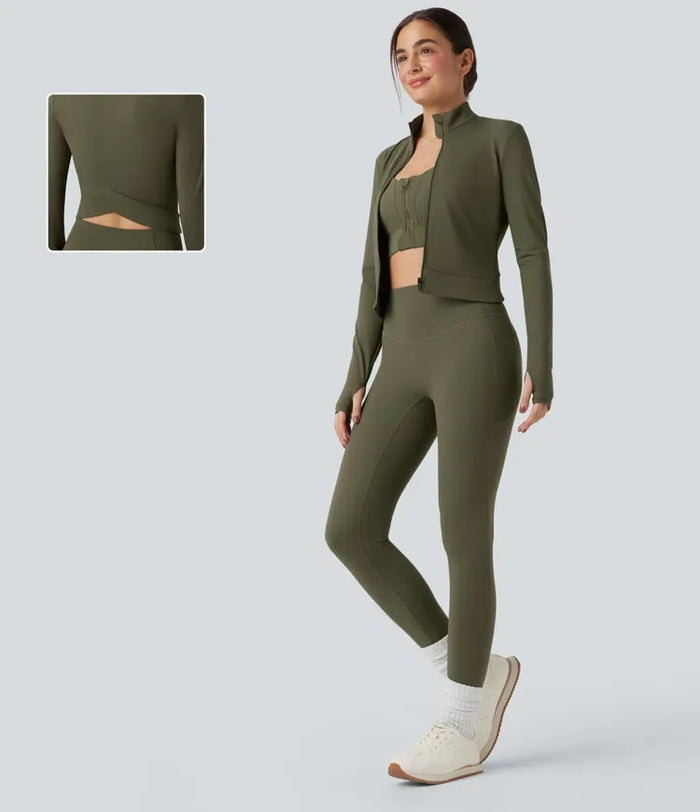 SoftlyZero mjuk plysch ståkrage långärmad tumhål crossover rygg yoga Jackets