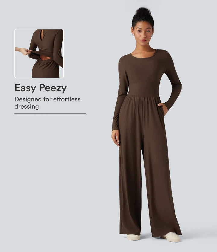 Ribbad rund hals långärmad korsett vardaglig jumpsuit med fickor-Easy Peezy Edition