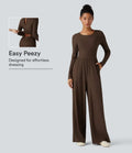 Ribbad rund hals långärmad korsett vardaglig jumpsuit med fickor-Easy Peezy Edition