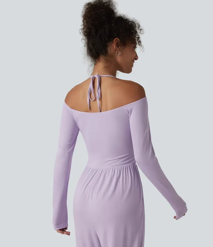 Ribbad halterneck knytband i ryggen bara axlar inbyggd bh långärmad jumpsuit för vardag med fickor