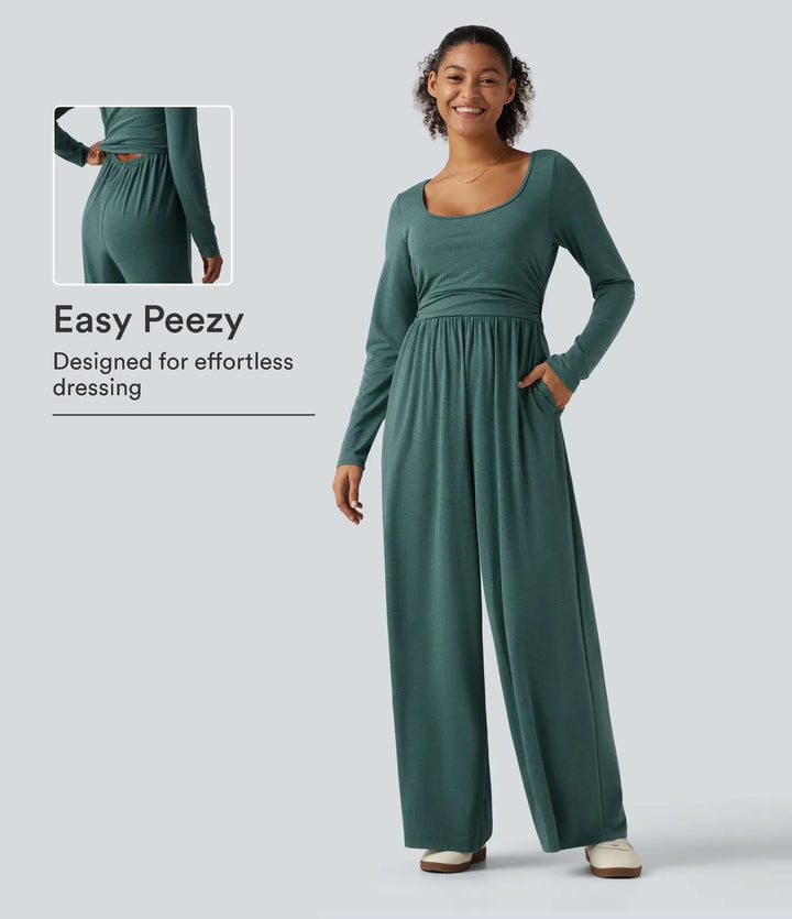 Djup rund halsringning långärmad inbyggd BH vida ben rynkat vardaglig jumpsuit med fickor-Easy Peezy Edition