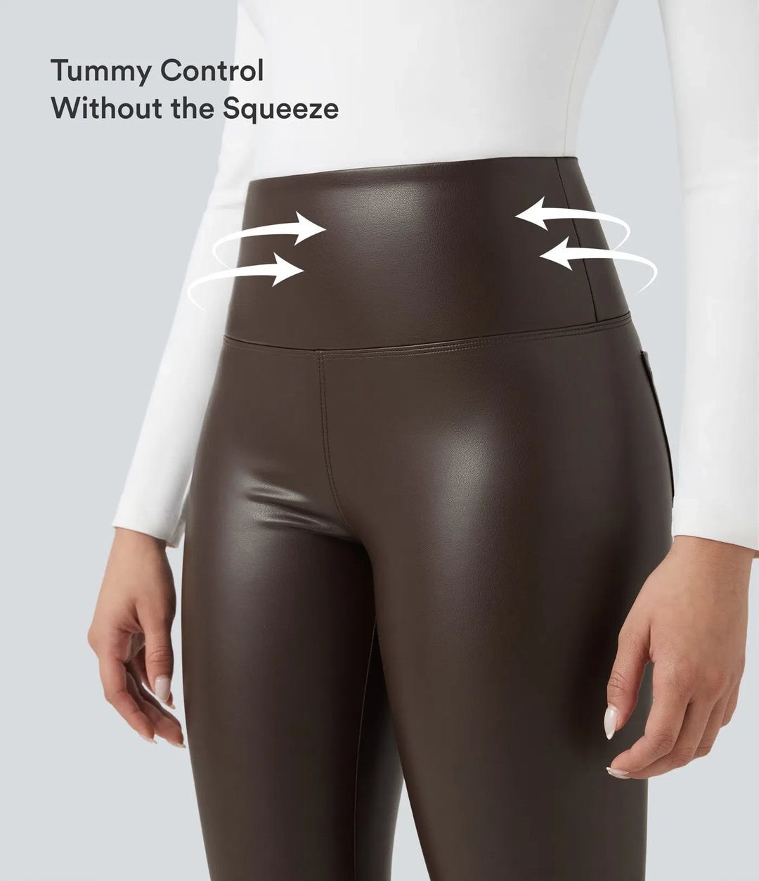 Högmidjad magkontroll stretchig PU fleece 7/8 skinny vardagsleggings med fickor