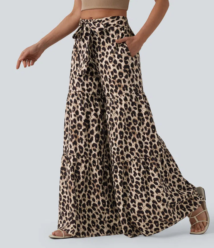 Med medelhög midja knytning framtill baggy leopardmönstrad vardagsbyxor med fickor