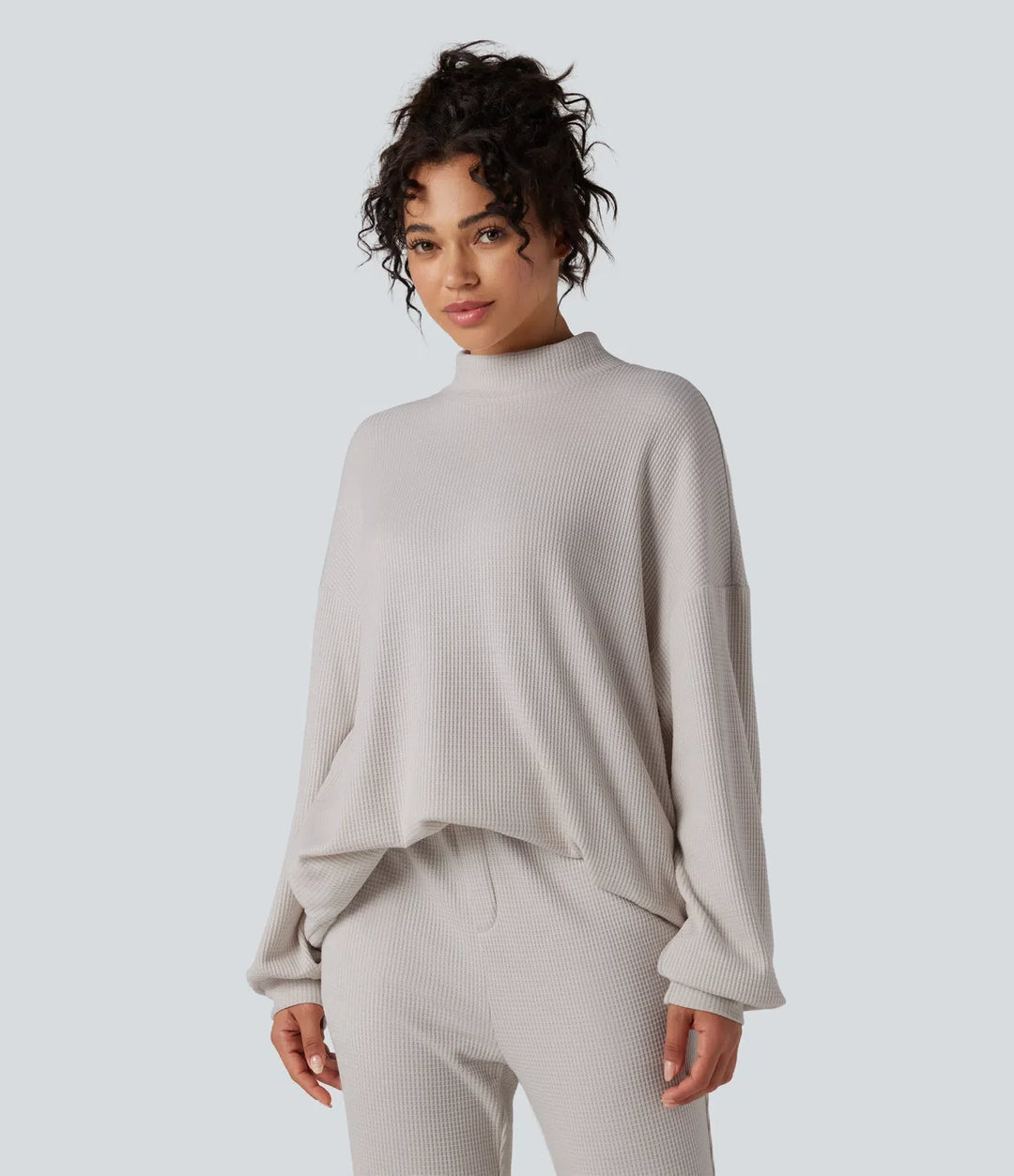 Halvpolo långärmad avslappnad våffelstruktur vardaglig sweatshirt med fickor