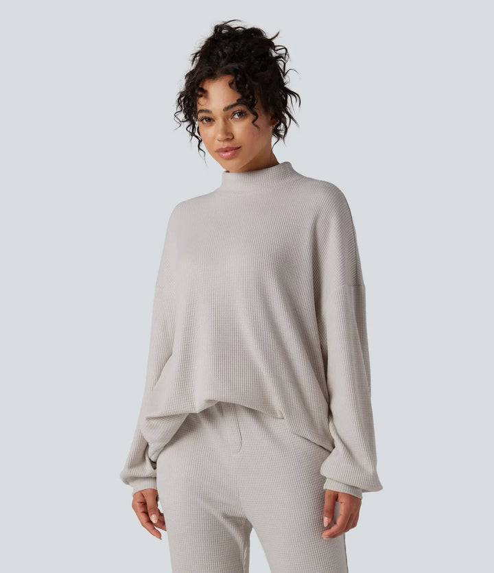 Halvpolo långärmad avslappnad våffelstruktur vardaglig sweatshirt med fickor