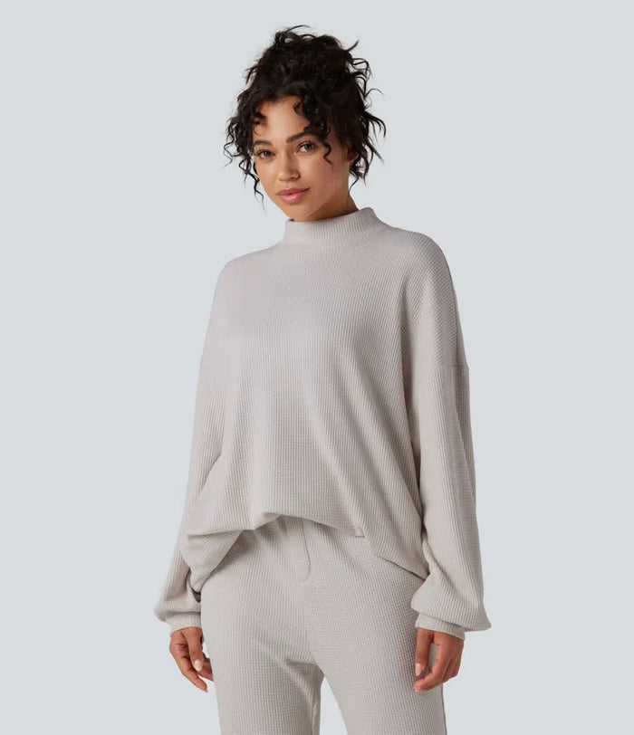 Halvpolo långärmad avslappnad våffelstruktur vardaglig sweatshirt med fickor