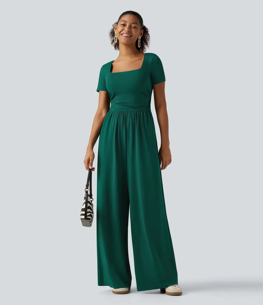 Fyrkantig halsringning kortärmad vida ben vardaglig jumpsuit med fickor - Easy Peezy Edition