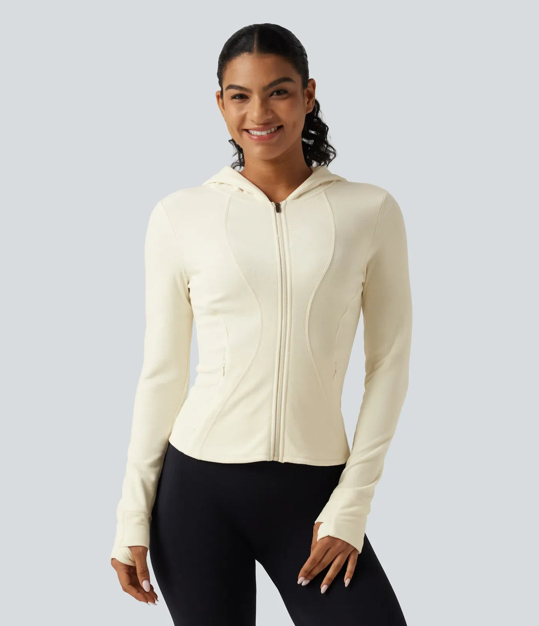 Ståkrage långärmad fleece smal yoga träningsjacka med tumhål och fickor
