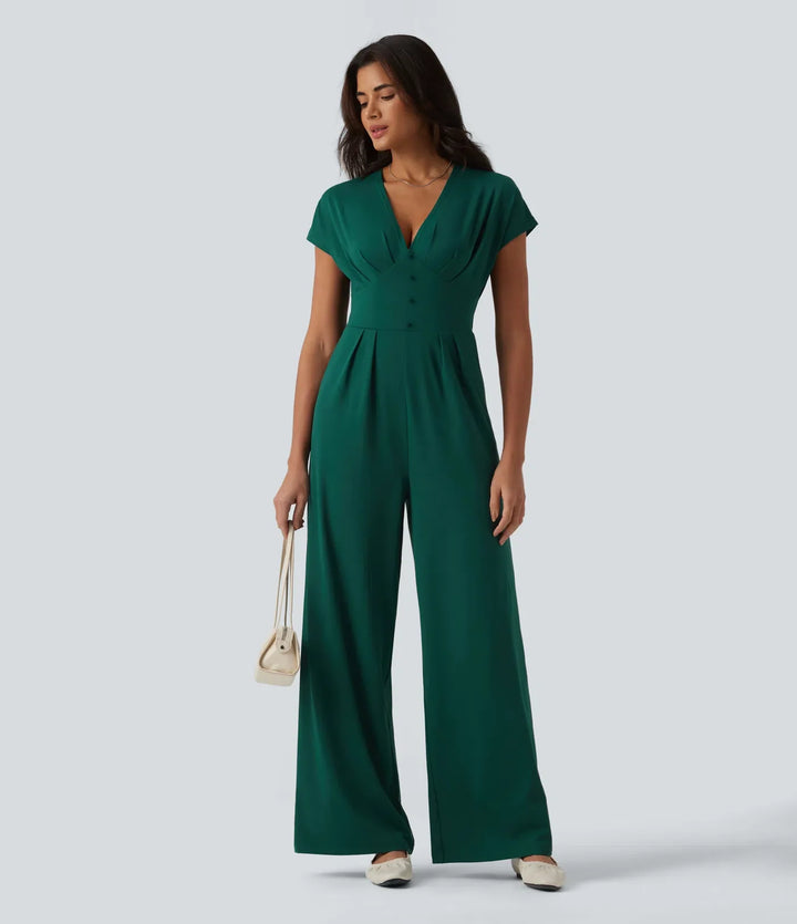V-ringad kortärmad vida ben vardaglig jumpsuit med fickor-Easy Peezy Edition
