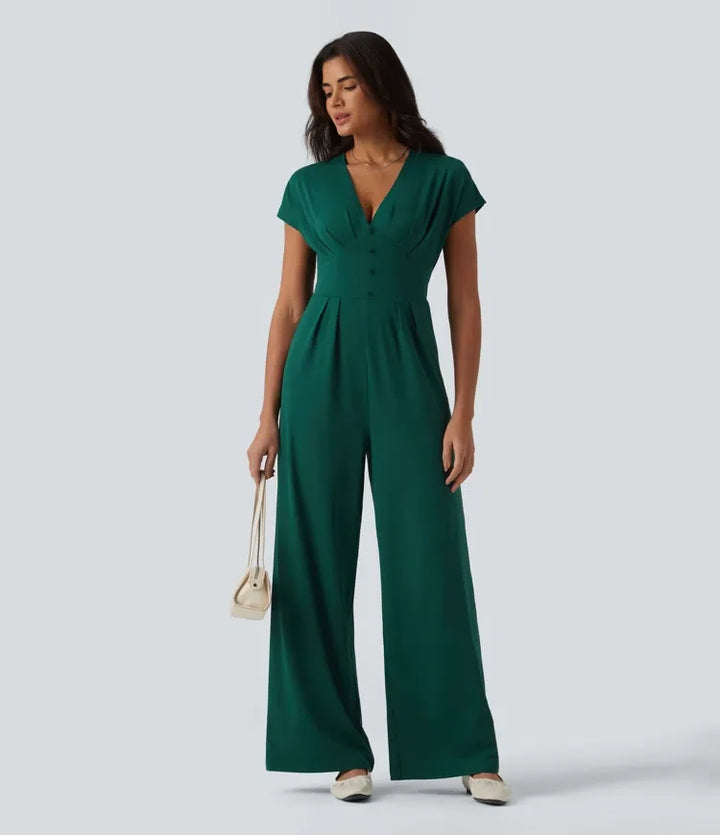 V-ringning kortärmad vida ben jumpsuit för vardag med fickor – Easy Peezy-utgåva