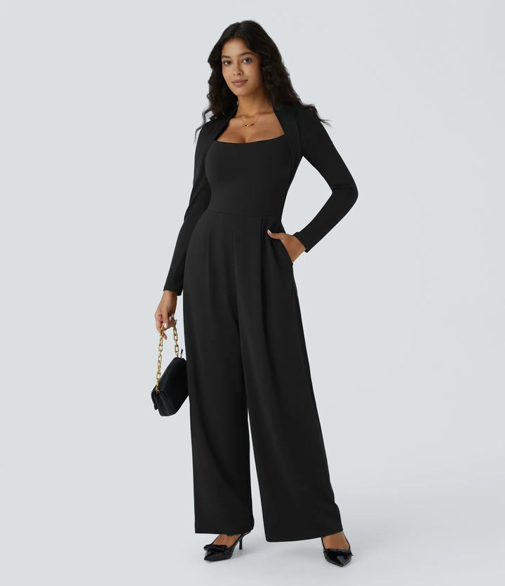 Långärmad ficka vida ben jumpsuit-Easy Peezy