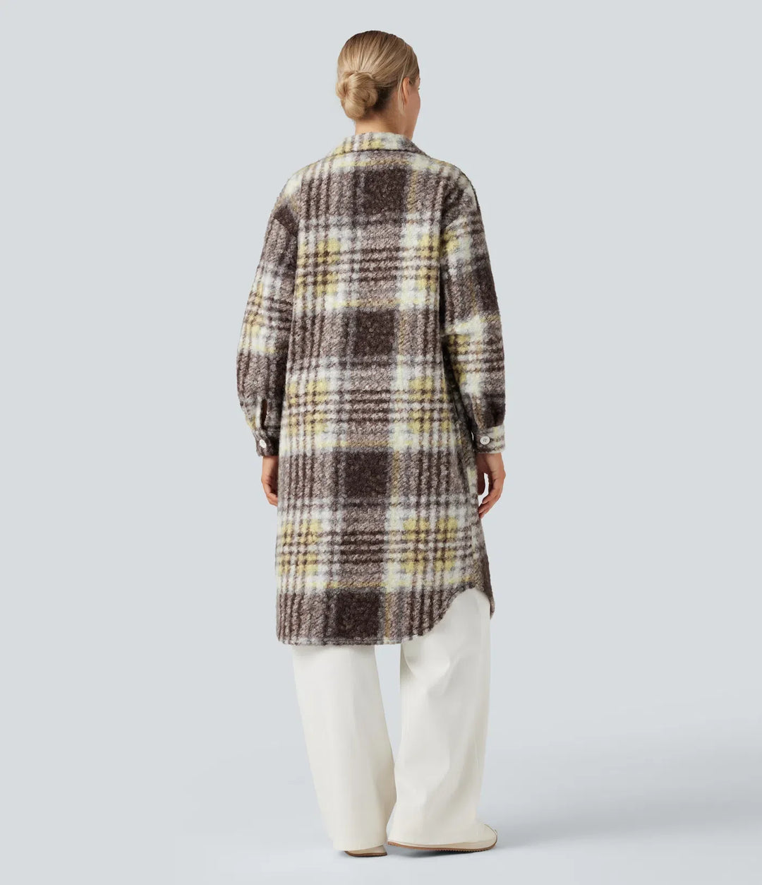 Långärmad rutig lång modell vardaglig sherpajacka med fickor