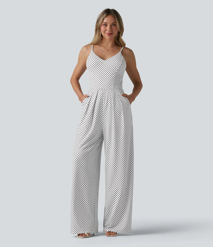 V-ringad prickig slip jumpsuit med fickor-Easy Peezy Edition