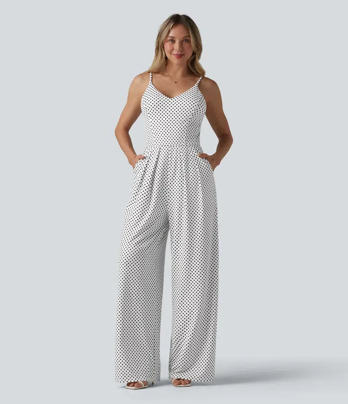 V-ringad prickig slip jumpsuit med fickor-Easy Peezy Edition