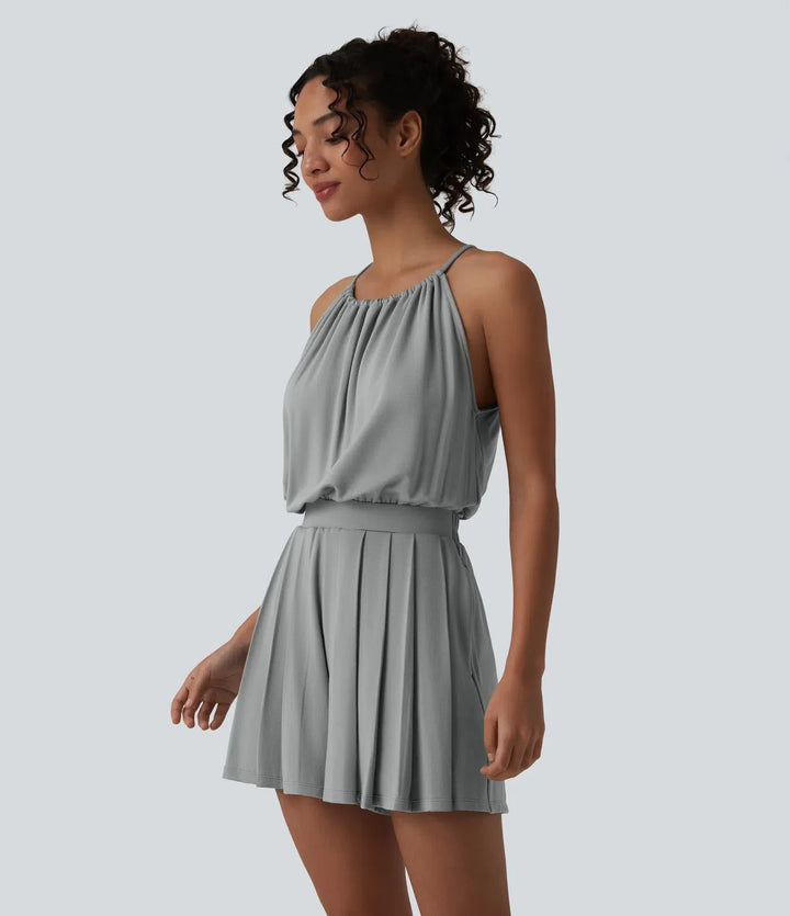 Halterneck ärmlös knytning i ryggen veckad vardaglig playsuit med fickor-Easy Peezy