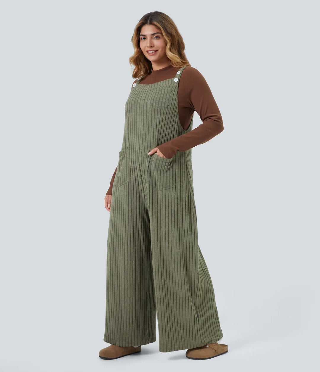 Ribbstickad vardaglig plusstorlek overall med fickor