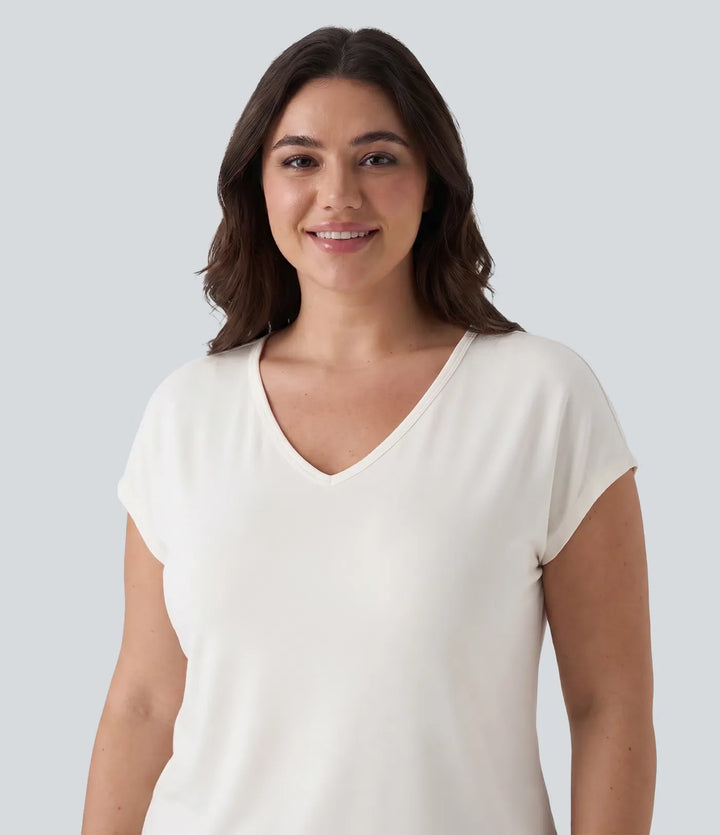 V-ringad kortärmad vardaglig plusstorlek T-shirt