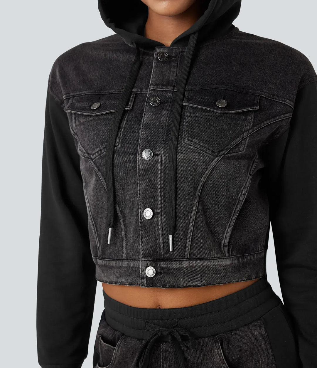 Lyckera Flex med huva dragsko långärmad Patchwork denim vardaglig jacka