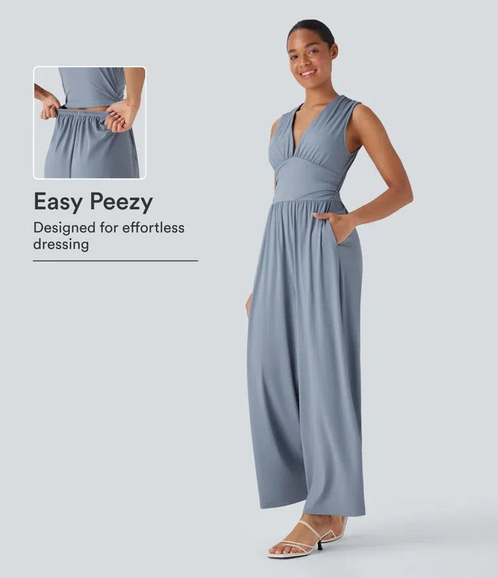 SoftlyZero luftig V-ringad ärmlös rynkat ficka InstantCool vardaglig jumpsuit-Easy Peezy