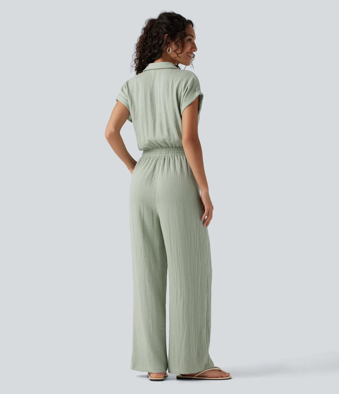 Kortärmad dragsko baggy vardaglig linnekänsla jumpsuit med fickor
