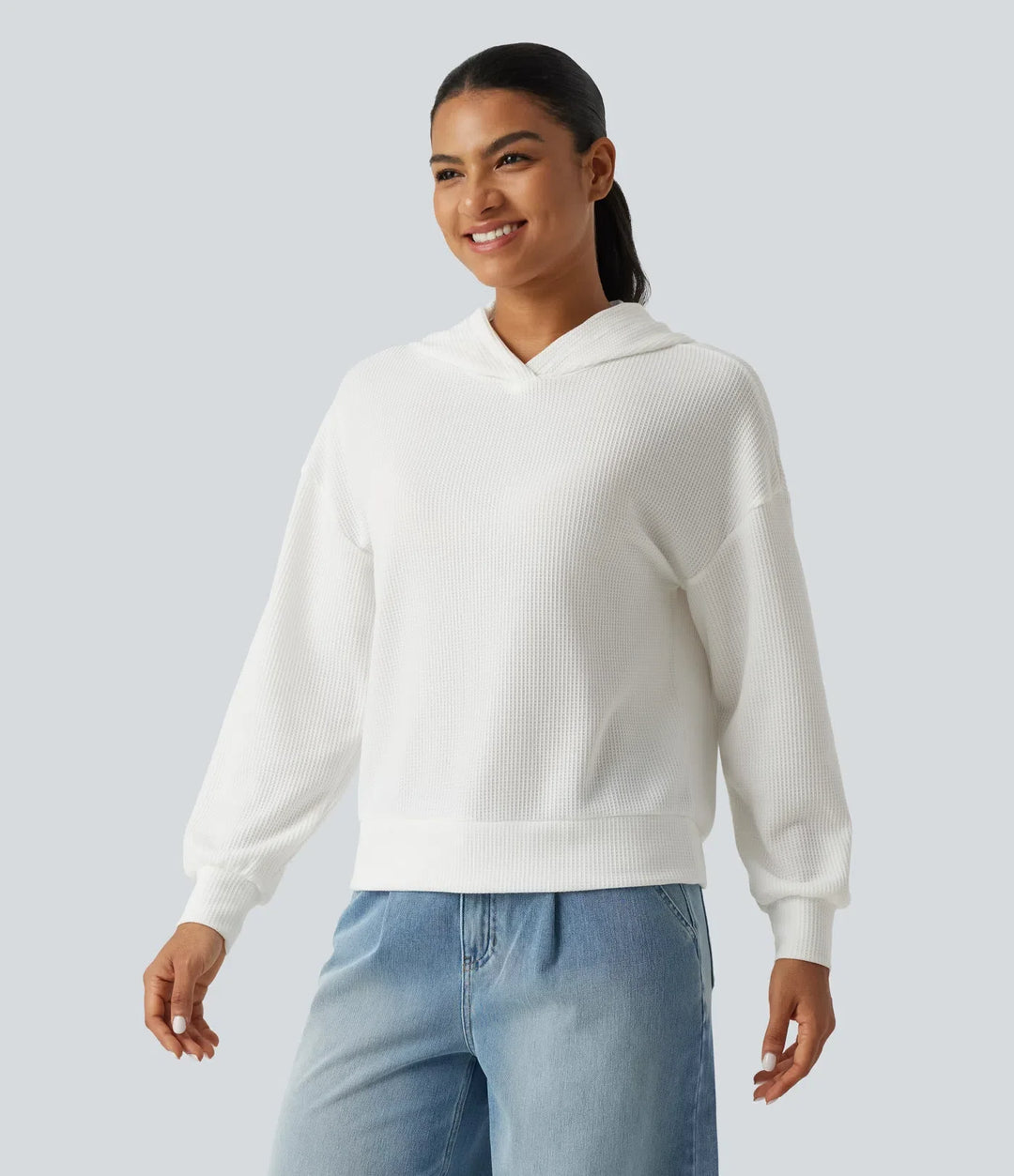 Med huva nedhasad axel långärmad våffelstruktur vardaglig sweatshirt