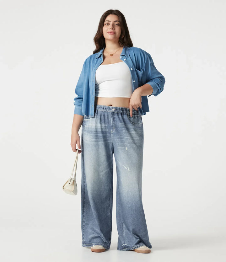 Plusstorlek medelhög midja denim mönster frotté vardaglig mjukisbyxor jeans med fickor