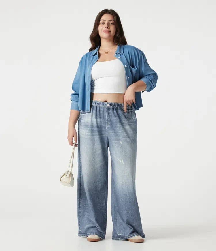 Plusstorlek medelhög midja denim mönster frotté vardaglig mjukisbyxor jeans med fickor