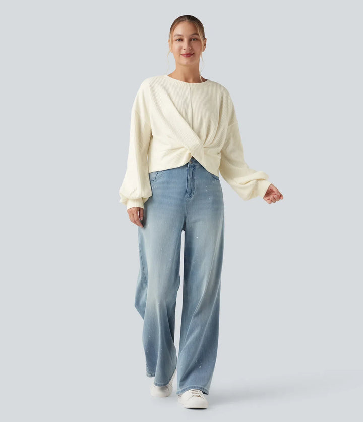 Ribbstickad rund hals långärmad vriden fåll vardaglig sweatshirt