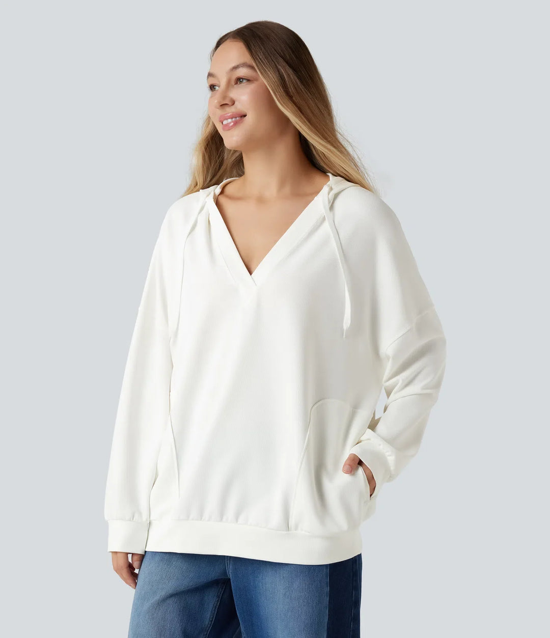 Med huva V-ringad långärmad avslappnad vardaglig sweatshirt med fickor