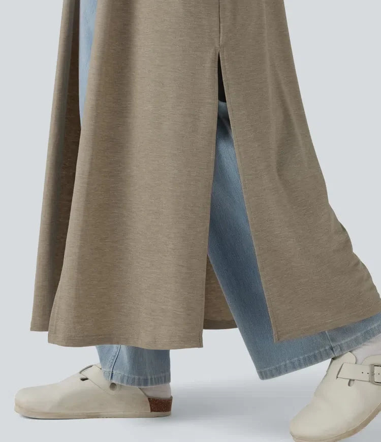 Långärmad slits fåll melerad vardaglig lång modell kappa