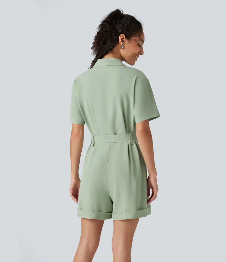 Sjalkrage kortärmad bältad arbete playsuit med fickor