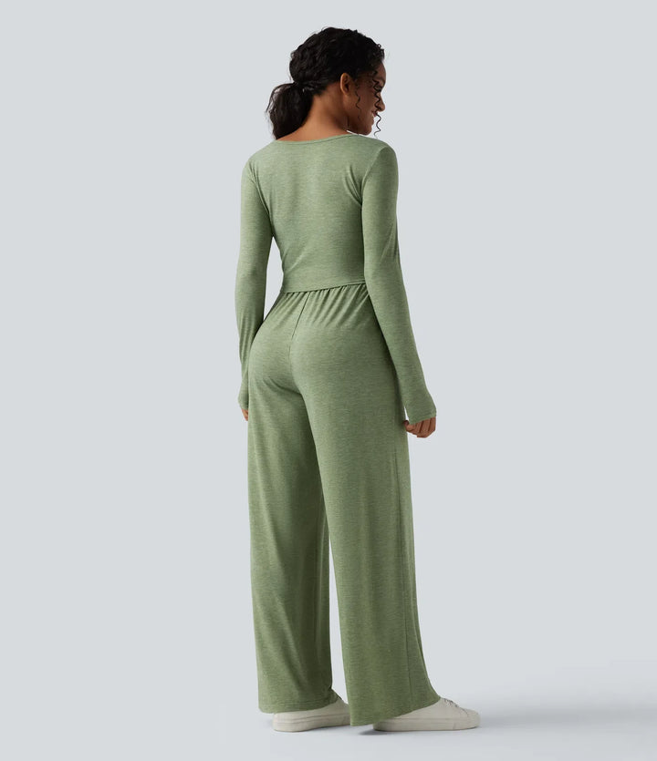 Henley långärmad dragsko melerad vardaglig baggy jumpsuit med fickor-Easy Peezy