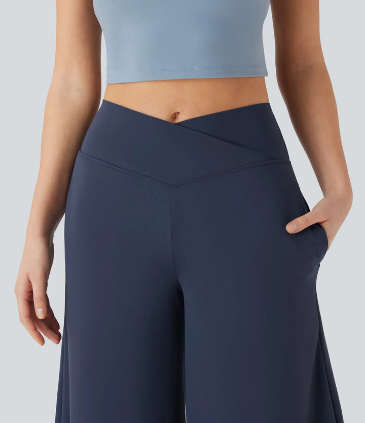 SoftlyZero Airy omlott med hög midja vida ben InstantCool yoga piratbyxor byxor med fickor
