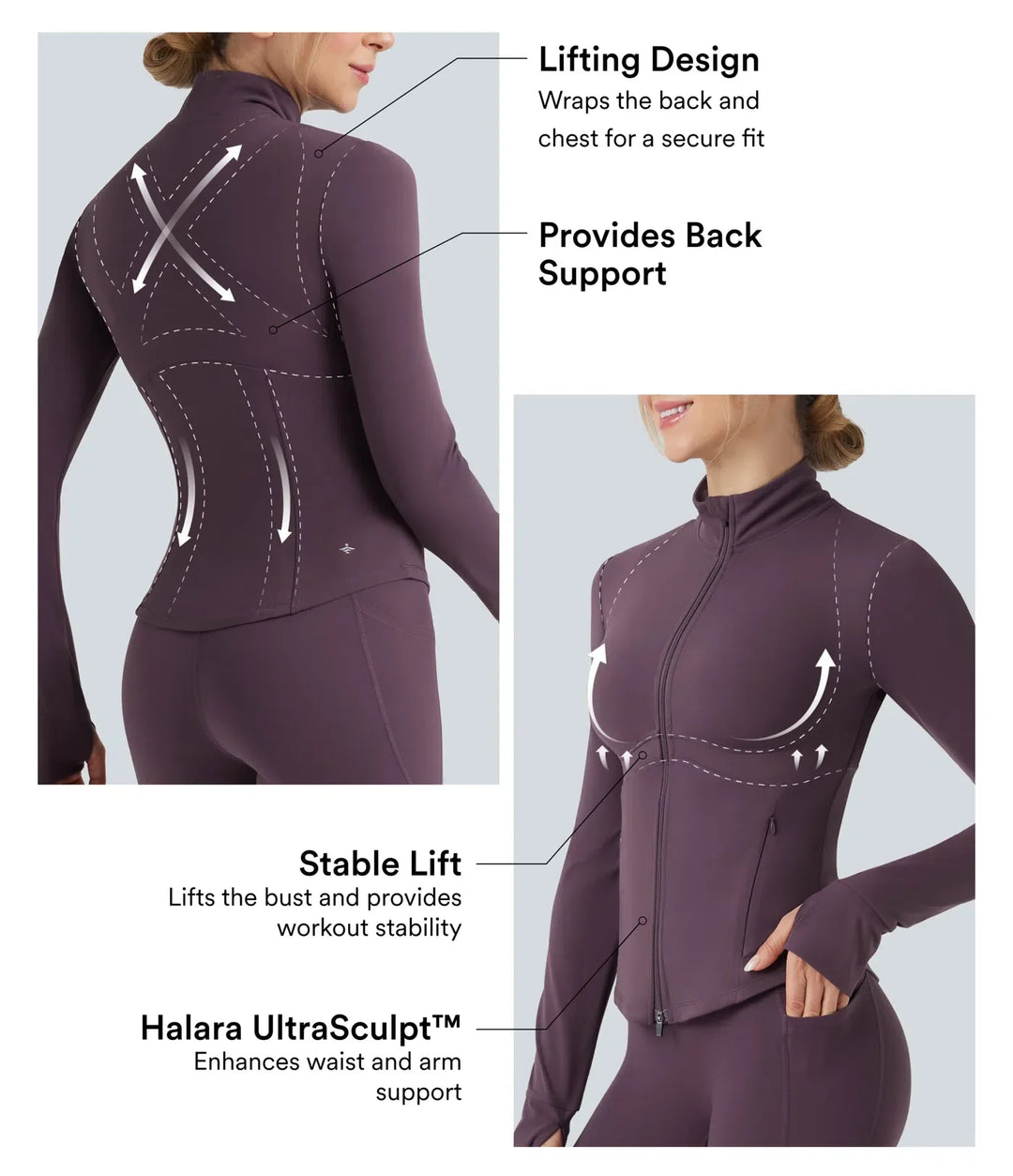 Lyckera UltraSculpt halvpolo push-upp långärmad tumhål yogajacka med fickor