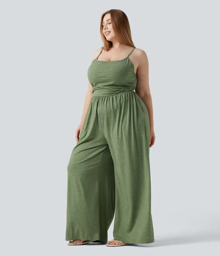 Plusstorlek inbyggd bh rynklad vida ben melerad jumpsuit för vardag med fickor – Easy Peezy-utgåva
