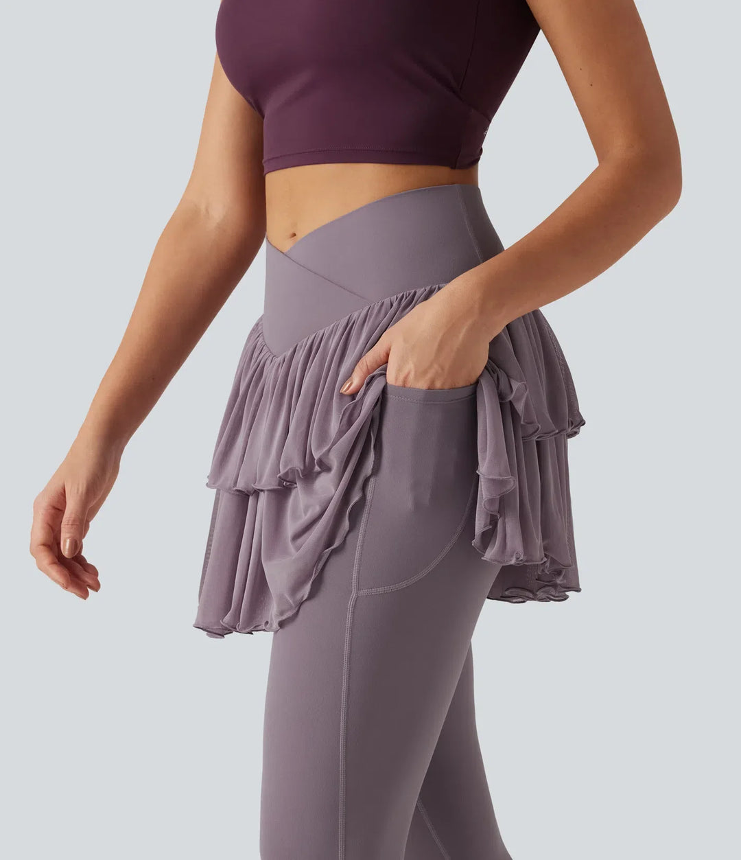 Softlyzero med hög midja omlott kontrastmesh träning leggings med kjol med fickor
