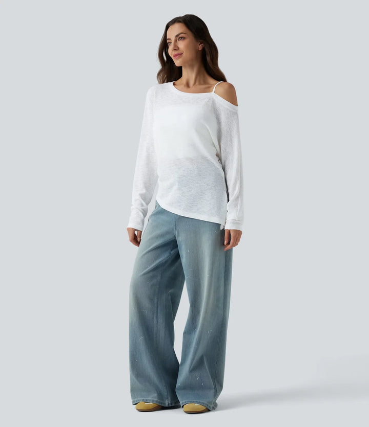 Halvtransparent enaxlad långärmad asymmetrisk fåll T-shirt för vardag