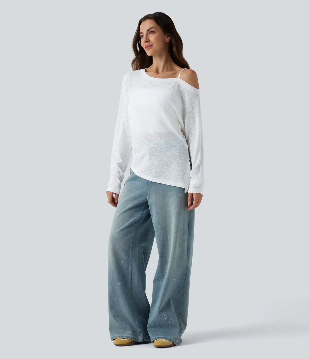 halvtransparent enaxlad långärmad asymmetrisk fåll vardaglig T-shirt