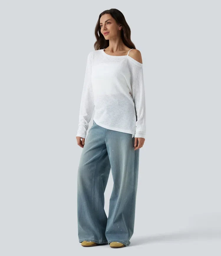 halvtransparent enaxlad långärmad asymmetrisk fåll vardaglig T-shirt