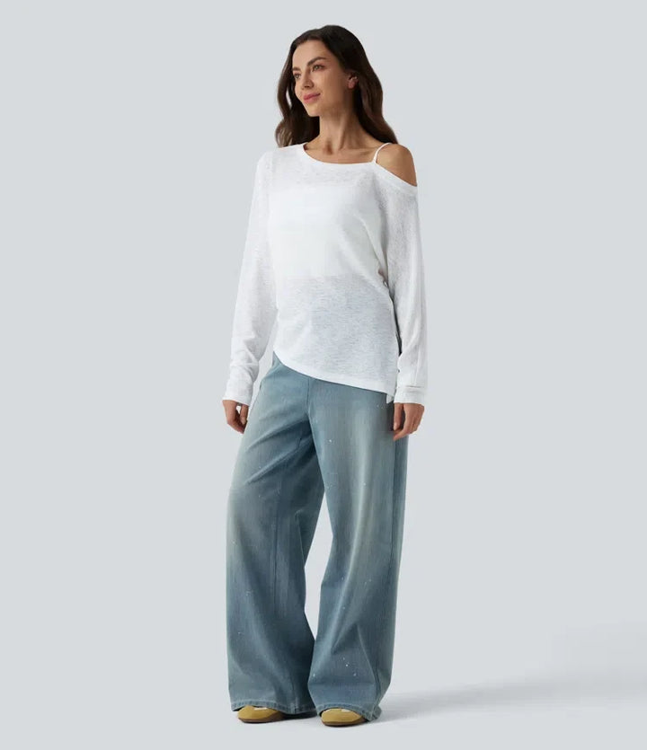 halvtransparent enaxlad långärmad asymmetrisk fåll vardaglig T-shirt