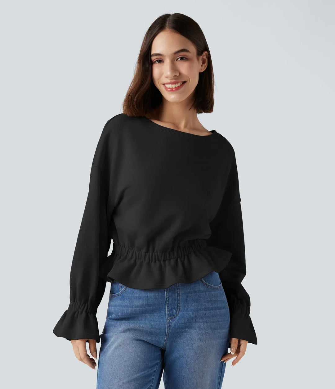 Rund hals långärmad volangfåll vardaglig bomull sweatshirt