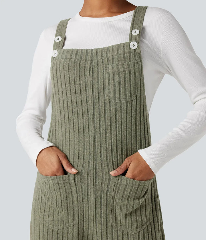 Ribbstickad justerbara axelband vardaglig joggers overall med fickor