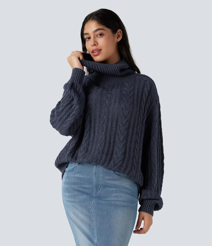 Hög hals långärmad kabelstickad vardaglig tröja