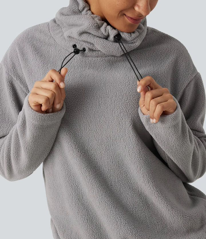Hög hals dragsko långärmad rynksöm i fållen fleece vardaglig sweatshirt