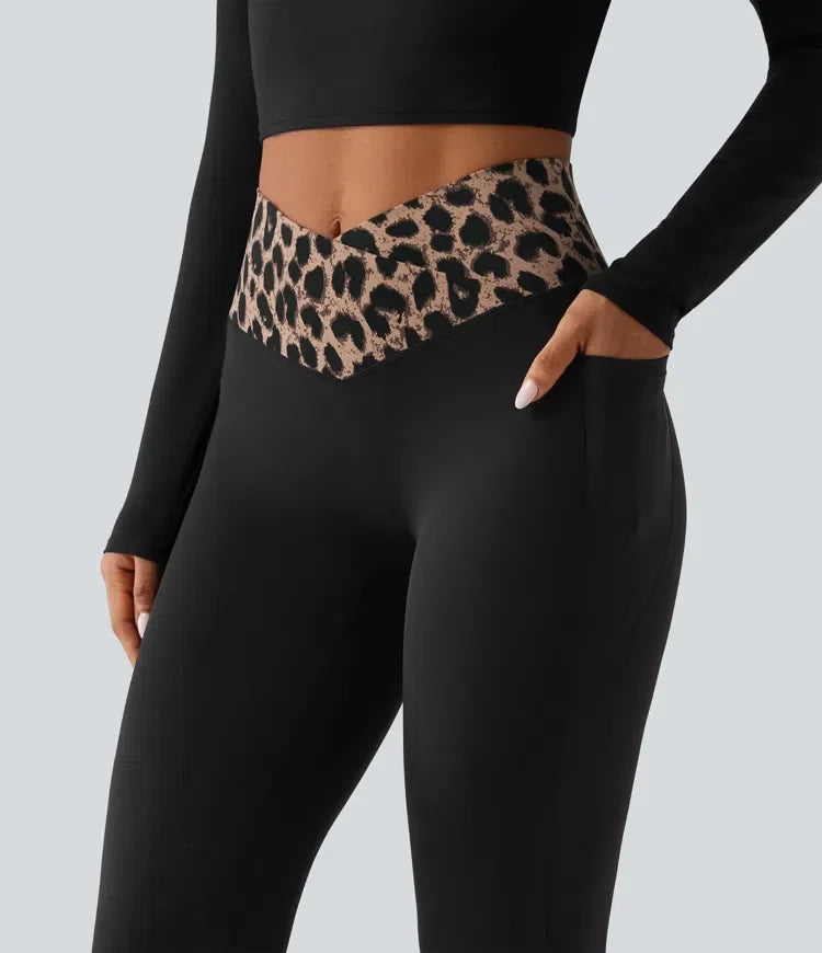 Halara UltraSculpt leopardmönstrad med hög midja omlott InstantCool för vardag utsvängd byxor med fickor